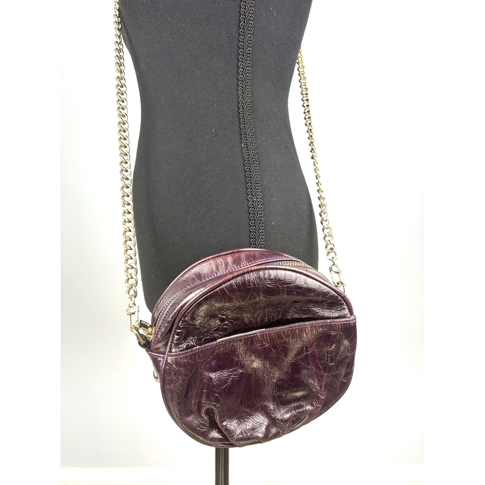 Rebecca Minkoff Round Crossbody Bag Purple Crinkled Leather Gold Chain Strap